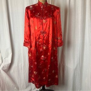 Vintage Red 100% Silk Satin Chinois Floral Jacquard + Quilted Trim Coat, Lined M